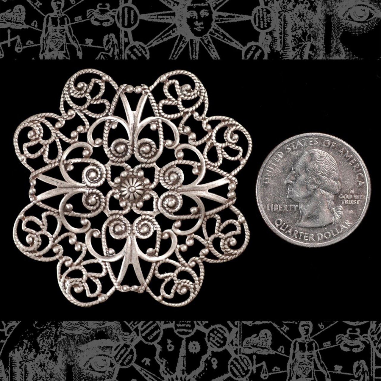 Large Flower Shaped Eight Petaled Antiqued Silver Plated Brass Pendant Filigree 52mm - S-W32